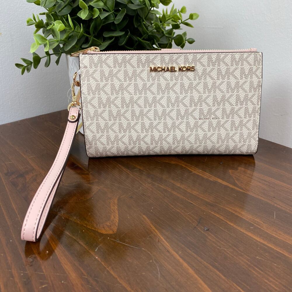 Michael Kors Signature Powder Blush Jet Set Large Double Zip Wristlet - Picture 15 of 16